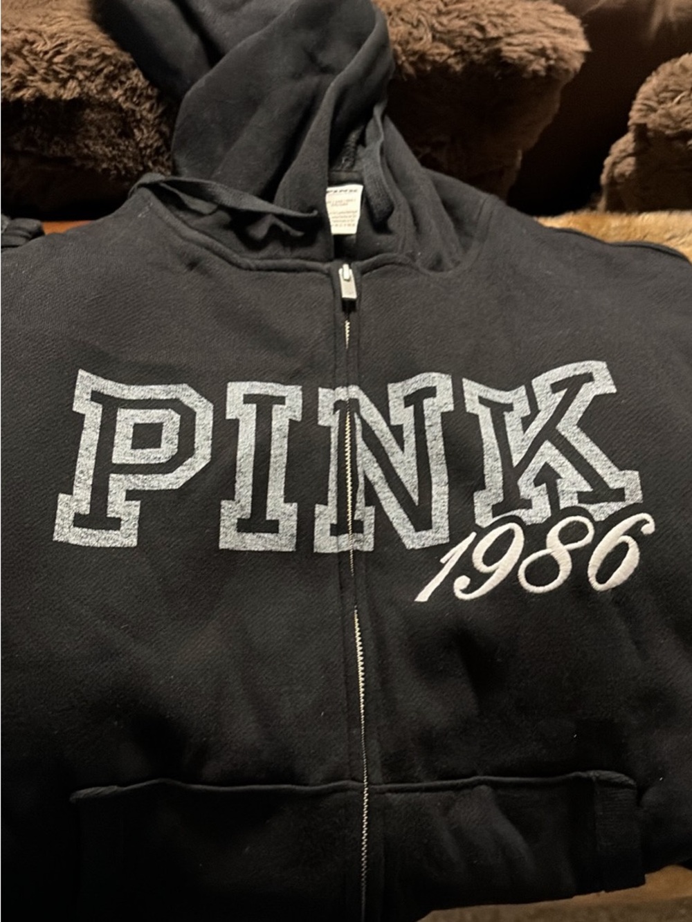 PINK Victoria's Secret Black Zip Hoodie with Silver Puff Logo